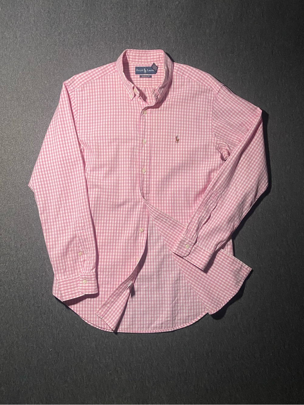 Ralph Lauren Mens Medium Pink White Gingham Check Button Down Shirt Classic Fit